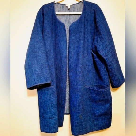 EILEEN FISHER Womens Blue Elbow Sleeve Open Front Sweater